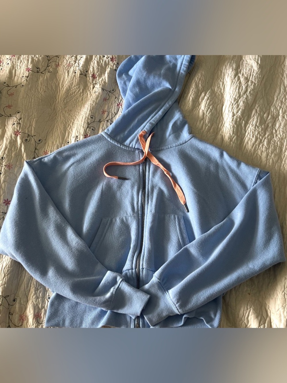 Light Blue womens Zip-Up Hoodie with Pink Drawstring